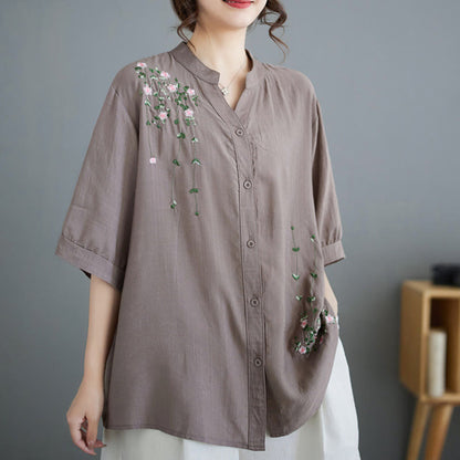 Mythstone Women's Button Down Flower Vines Embroidery Design Half Sleeve Cotton Shirt