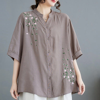 Mythstone Women's Button Down Flower Vines Embroidery Design Half Sleeve Cotton Shirt