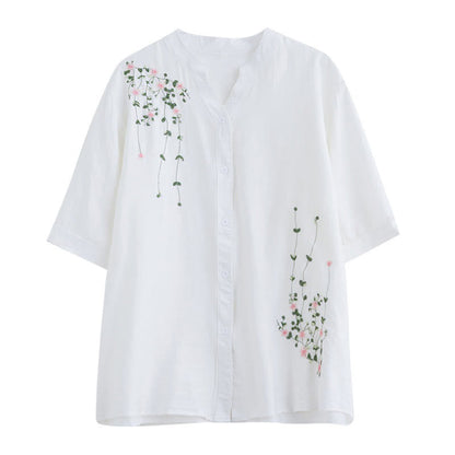 Mythstone Women's Button Down Flower Vines Embroidery Design Half Sleeve Cotton Shirt