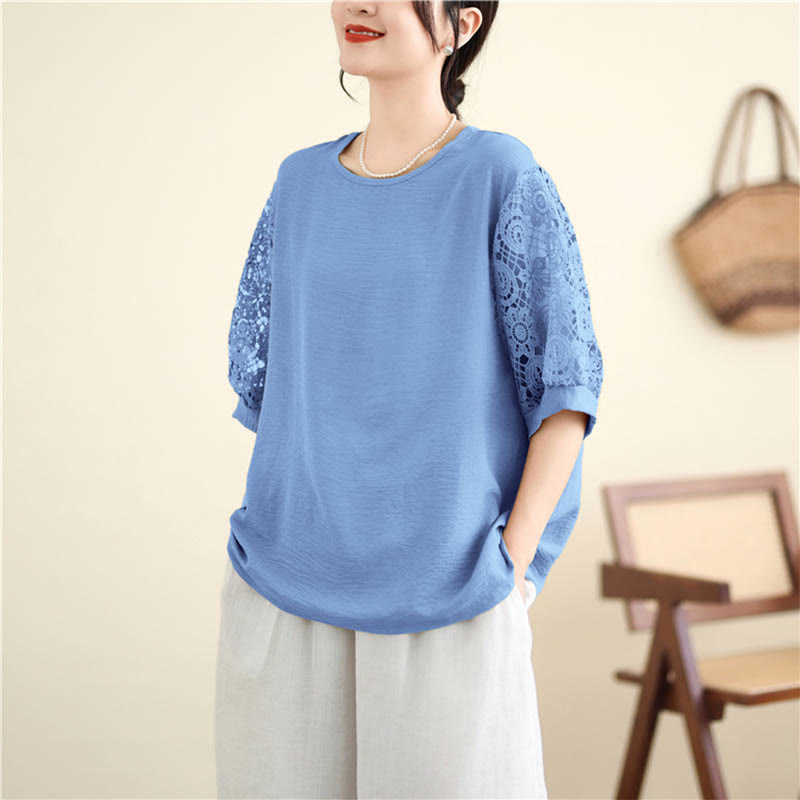 Mythstone Women's Lace Sleeve Design Crew Neck T-shirt Tee