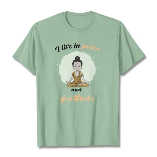 Mythstone I Live In Peace And Gratitude Illustration Buddha Tee T-shirt