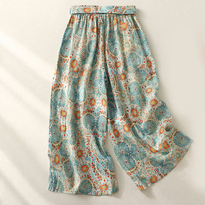 Mythstone Blue Circular Print Cotton Linen Lace-up Wide Leg Pants With Pockets