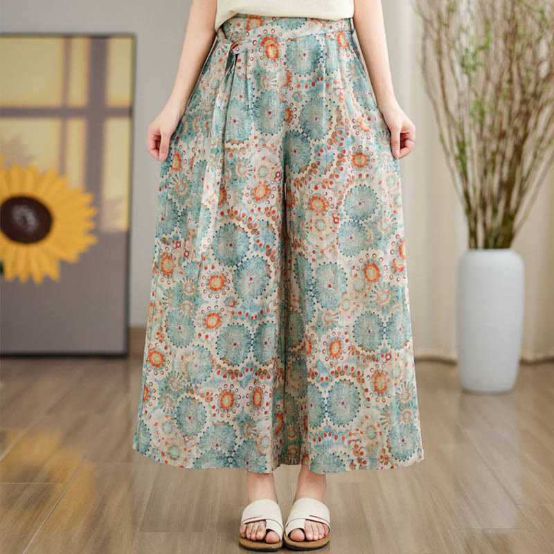 Mythstone Blue Circular Print Cotton Linen Lace-up Wide Leg Pants With Pockets