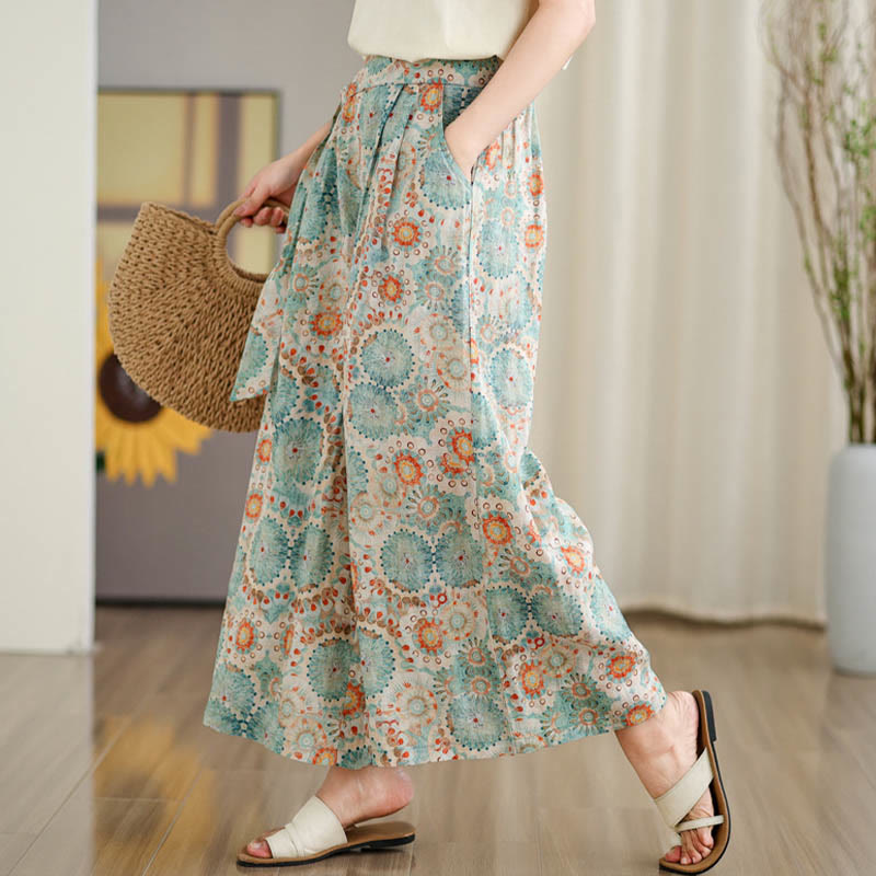 Mythstone Blue Circular Print Cotton Linen Lace-up Wide Leg Pants With Pockets