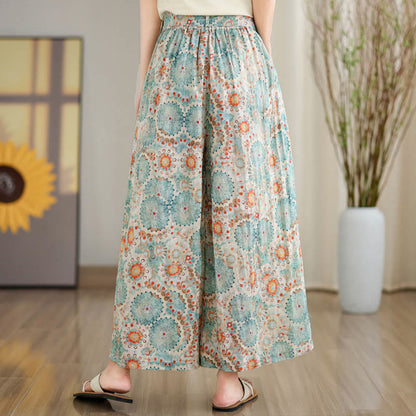 Mythstone Blue Circular Print Cotton Linen Lace-up Wide Leg Pants With Pockets