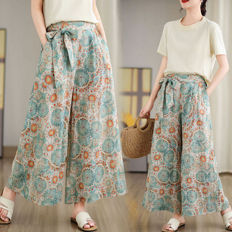 Mythstone Blue Circular Print Cotton Linen Lace-up Wide Leg Pants With Pockets