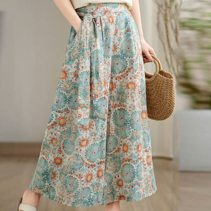 Mythstone Blue Circular Print Cotton Linen Lace-up Wide Leg Pants With Pockets