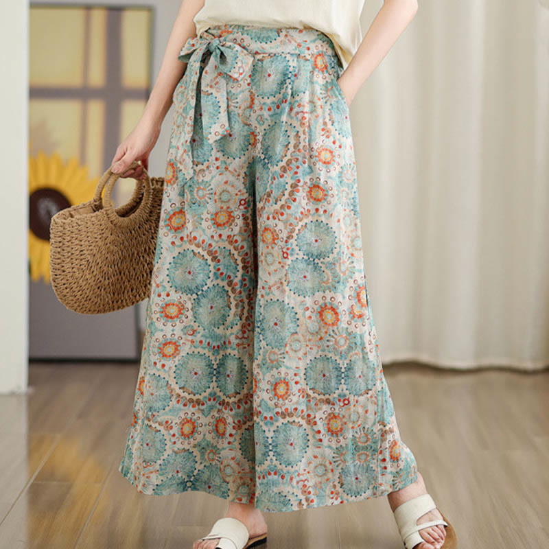 Mythstone Blue Circular Print Cotton Linen Lace-up Wide Leg Pants With Pockets