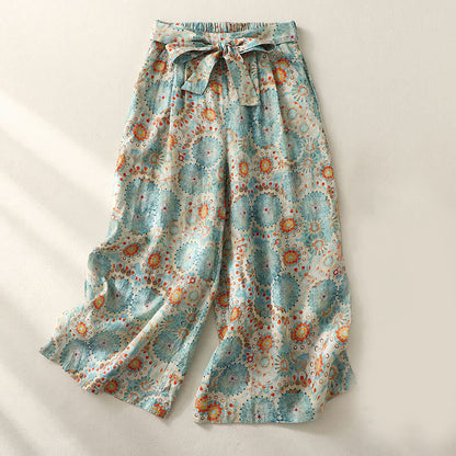 Mythstone Blue Circular Print Cotton Linen Lace-up Wide Leg Pants With Pockets