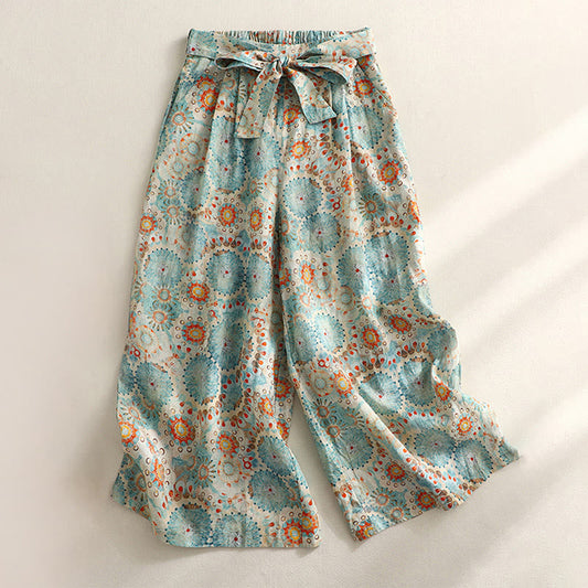 Mythstone Blue Circular Print Cotton Linen Lace-up Wide Leg Pants With Pockets