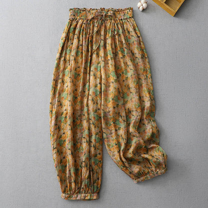 Pantalones harén de lino y ramio con flores y hojas amarillas de verano de Mythstone y bolsillos 