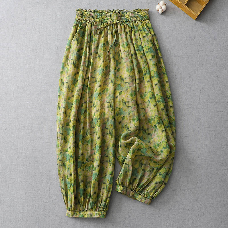 Pantalones harén de lino y ramio con flores y hojas amarillas de verano de Mythstone y bolsillos 