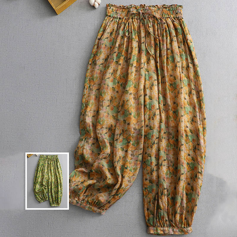 Pantalones harén de lino y ramio con flores y hojas amarillas de verano de Mythstone y bolsillos 