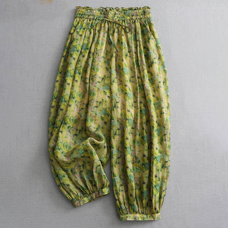 Pantalones harén de lino y ramio con flores y hojas amarillas de verano de Mythstone y bolsillos 