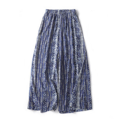 Mythstone Blue Stripes Print Cotton Linen Wide Leg Pants With Pockets