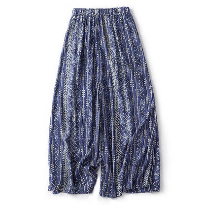 Mythstone Blue Stripes Print Cotton Linen Wide Leg Pants With Pockets