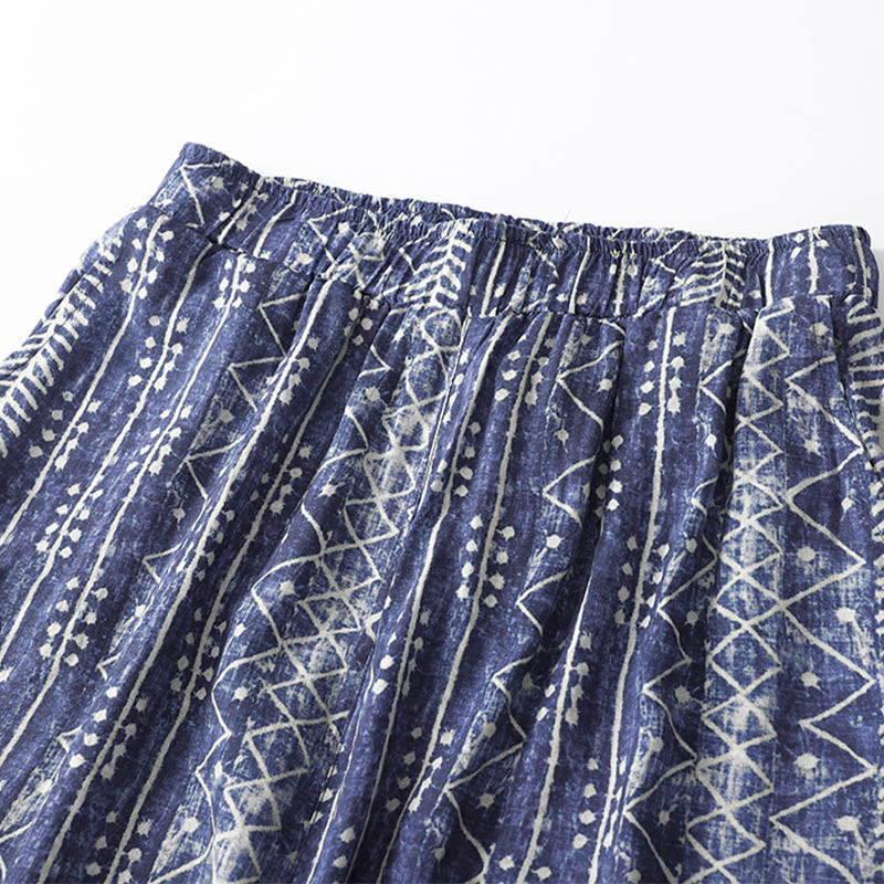 Mythstone Blue Stripes Print Cotton Linen Wide Leg Pants With Pockets