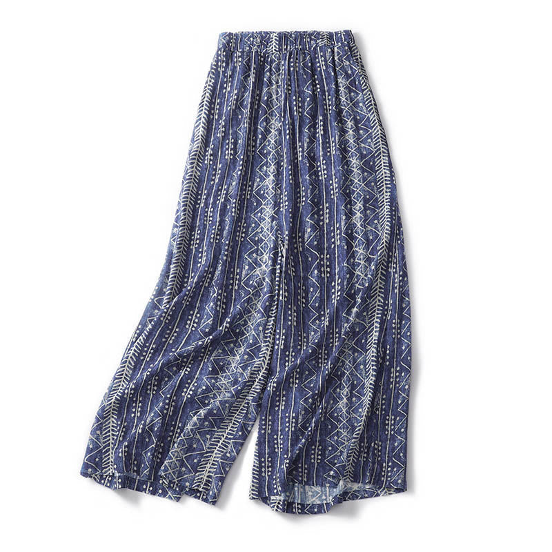 Mythstone Blue Stripes Print Cotton Linen Wide Leg Pants With Pockets