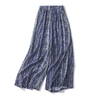 Mythstone Blue Stripes Print Cotton Linen Wide Leg Pants With Pockets