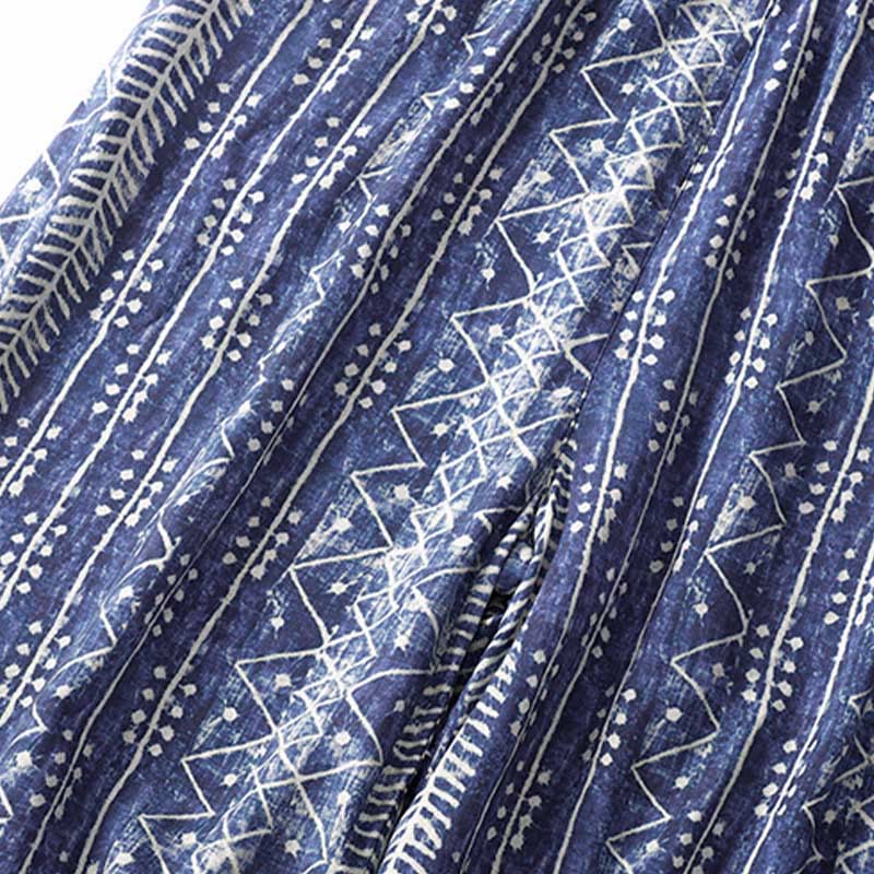 Mythstone Blue Stripes Print Cotton Linen Wide Leg Pants With Pockets