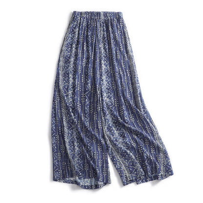 Mythstone Blue Stripes Print Cotton Linen Wide Leg Pants With Pockets