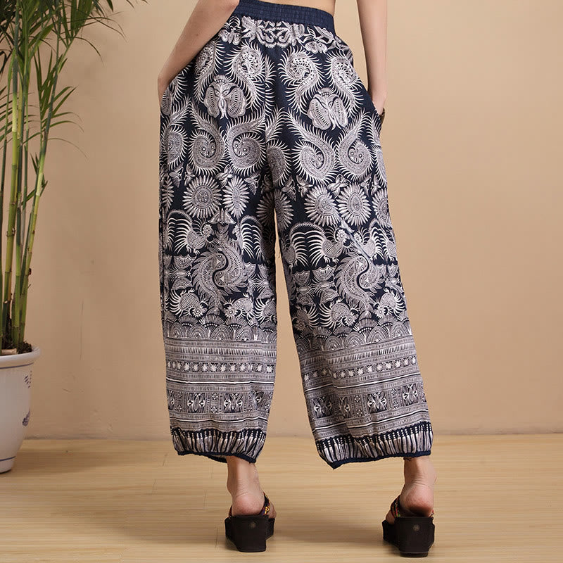 Pantalones de lino con rayas geométricas azules y blancas de verano de Mythstone con bolsillos 