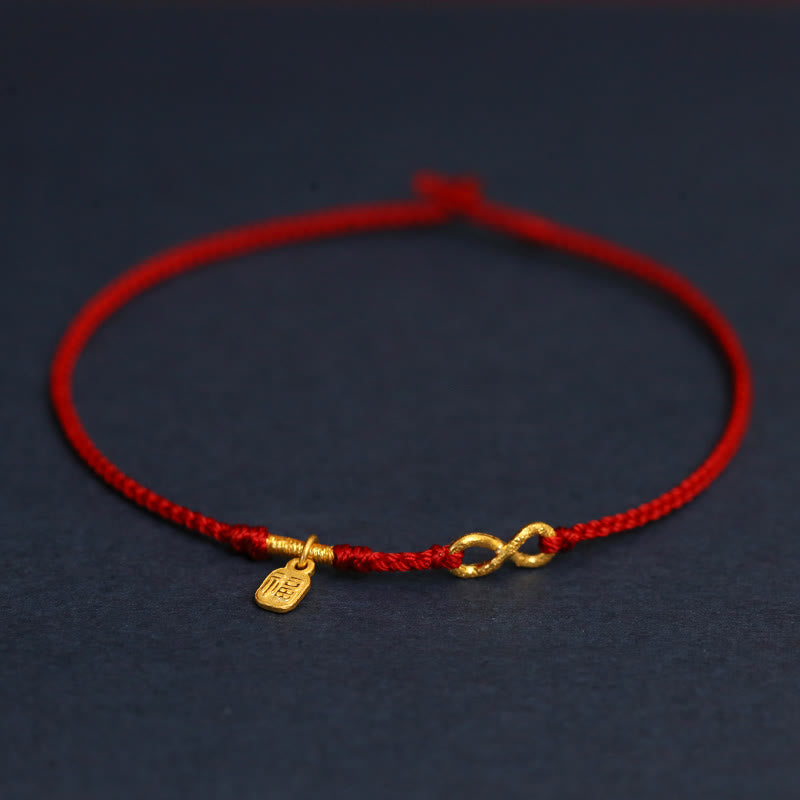 Mythstone 999 Gold Mobius Infinite Love Fu Character Copper Coin Protection Handmade Ultra-Thin Rope Bracelet