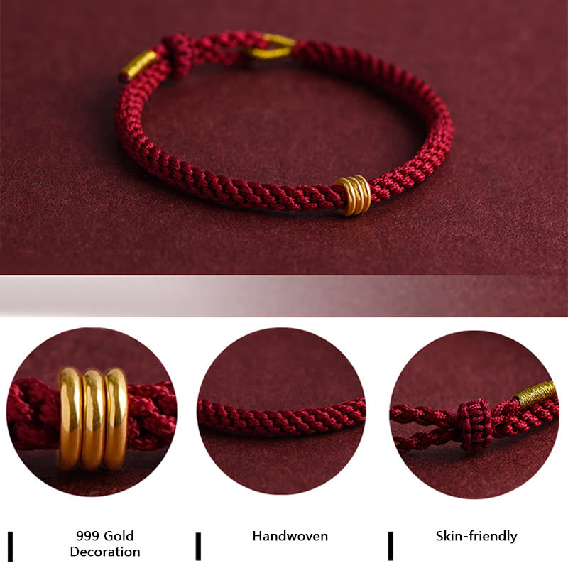 Mythstone 999 Gold Triple Ring Design Handmade Connection Braided Rope Bracelet