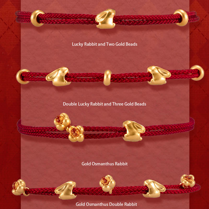 Mythstone 999 Gold Small Lucky Rabbit Osmanthus Design Handmade Luck Braided Rope Bracelet