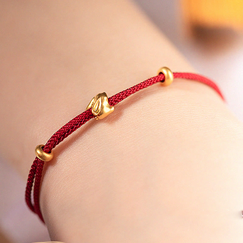 Mythstone 999 Gold Small Lucky Rabbit Osmanthus Design Handmade Luck Braided Rope Bracelet