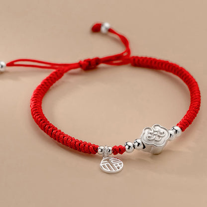 Mythstone Handmade 925 Sterling Silver Fu Character Auspicious Clouds Blessing Braided Rope Bracelet