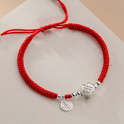 Mythstone Handmade 925 Sterling Silver Fu Character Auspicious Clouds Blessing Braided Rope Bracelet