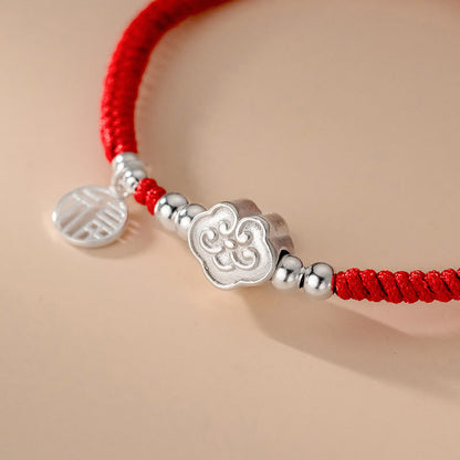 Mythstone Handmade 925 Sterling Silver Fu Character Auspicious Clouds Blessing Braided Rope Bracelet