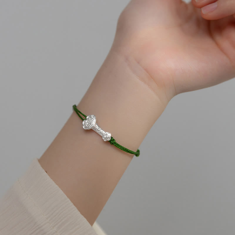 Mythstone Handmade 999 Sterling Silver Fu Character Wish Ruyi Handle Luck Braided Green Rope Bracelet