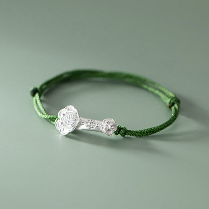 Mythstone Handmade 999 Sterling Silver Fu Character Wish Ruyi Handle Luck Braided Green Rope Bracelet