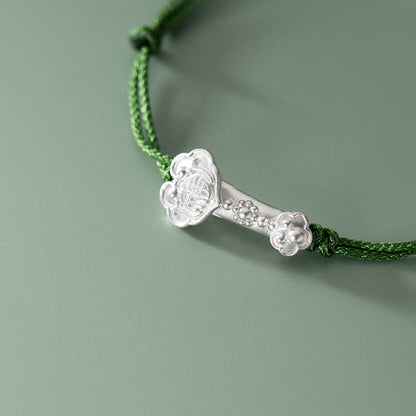 Mythstone Handmade 999 Sterling Silver Fu Character Wish Ruyi Handle Luck Braided Green Rope Bracelet