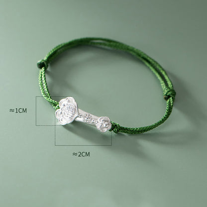 Mythstone Handmade 999 Sterling Silver Fu Character Wish Ruyi Handle Luck Braided Green Rope Bracelet