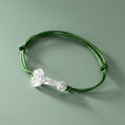 Mythstone Handmade 999 Sterling Silver Fu Character Wish Ruyi Handle Luck Braided Green Rope Bracelet