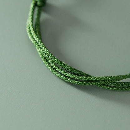 Mythstone Handmade 999 Sterling Silver Fu Character Wish Ruyi Handle Luck Braided Green Rope Bracelet