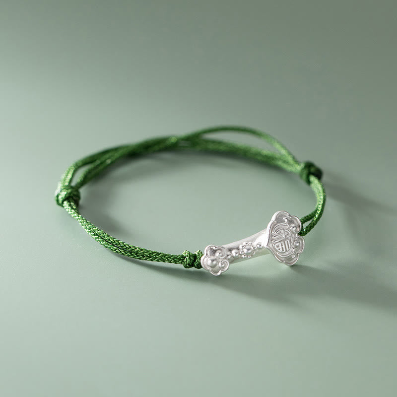 Mythstone Handmade 999 Sterling Silver Fu Character Wish Ruyi Handle Luck Braided Green Rope Bracelet