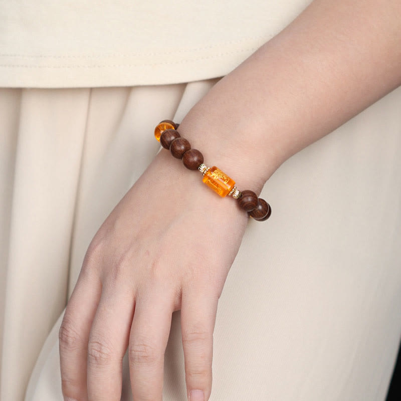 Mythstone Natural Phoebe Zhennan Wood Om Mani Padme Hum God Of Wealth Crystal Protection Bracelet