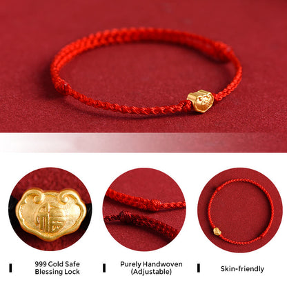 Mythstone 999 Gold Chinese Lock Charm Fu Character Protection Handmade Rope Bracelet