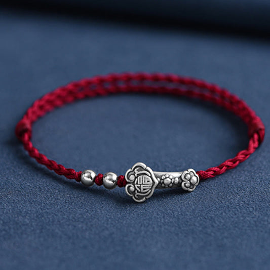 Mythstone Handmade 999 Sterling Silver Fu Character Wish Ruyi Handle Fortune Rope Bracelet Anklet