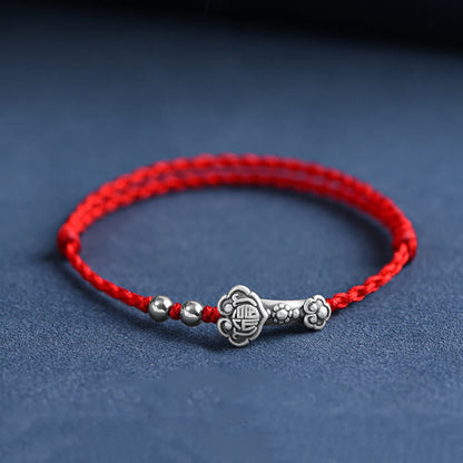 Mythstone Handmade 999 Sterling Silver Fu Character Wish Ruyi Handle Fortune Rope Bracelet Anklet