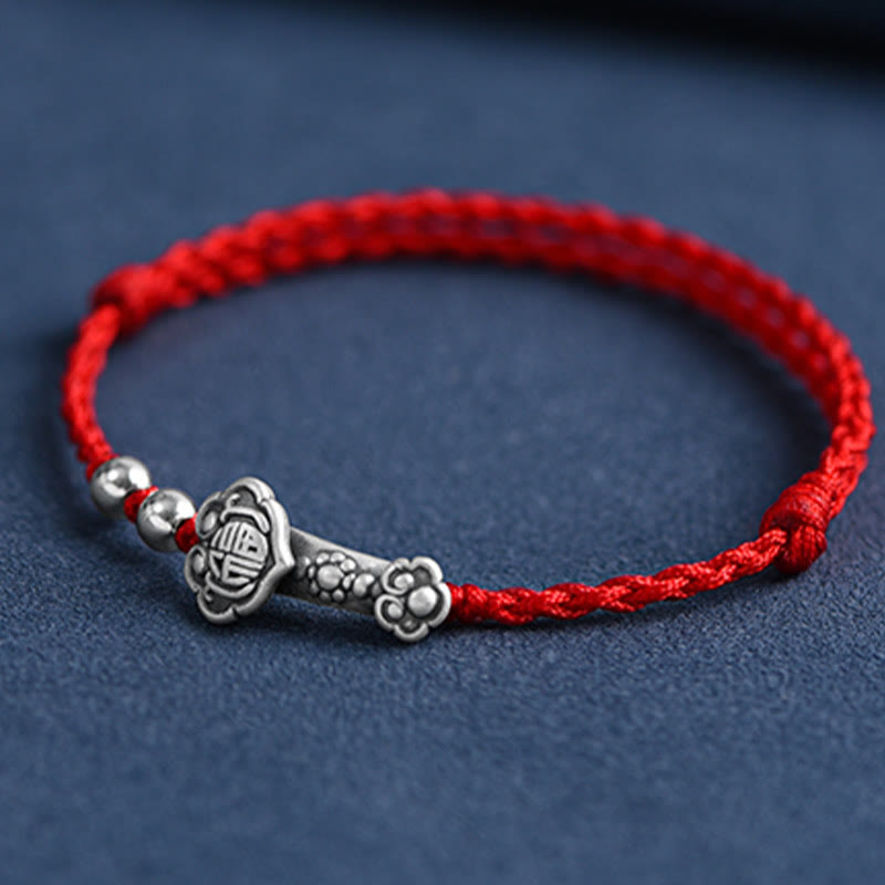 Mythstone Handmade 999 Sterling Silver Fu Character Wish Ruyi Handle Fortune Rope Bracelet Anklet