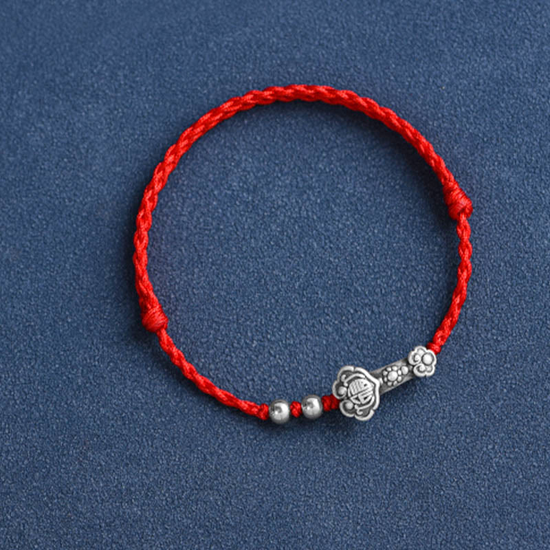 Mythstone Handmade 999 Sterling Silver Fu Character Wish Ruyi Handle Fortune Rope Bracelet Anklet