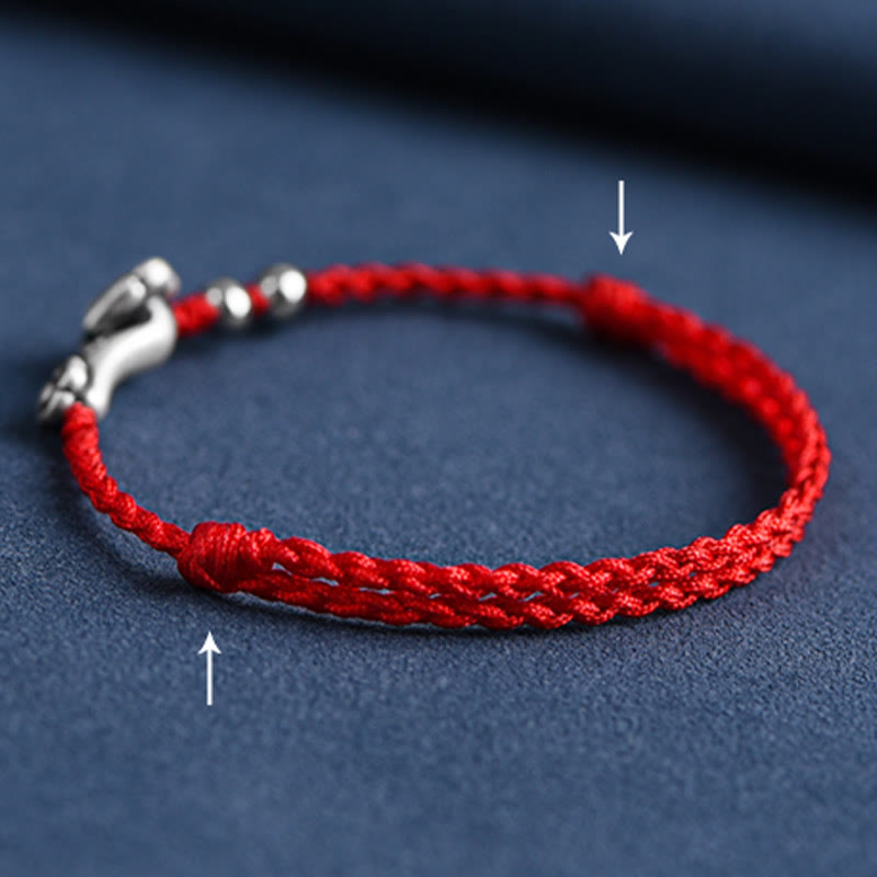 Mythstone Handmade 999 Sterling Silver Fu Character Wish Ruyi Handle Fortune Rope Bracelet Anklet