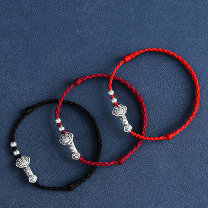 Mythstone Handmade 999 Sterling Silver Fu Character Wish Ruyi Handle Fortune Rope Bracelet Anklet