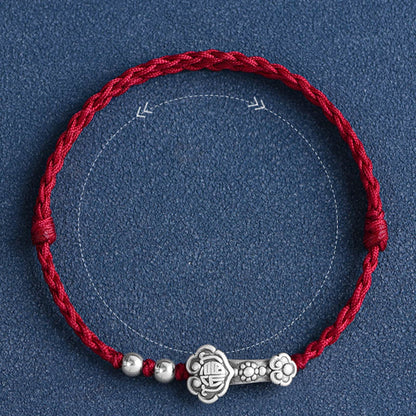 Mythstone Handmade 999 Sterling Silver Fu Character Wish Ruyi Handle Fortune Rope Bracelet Anklet