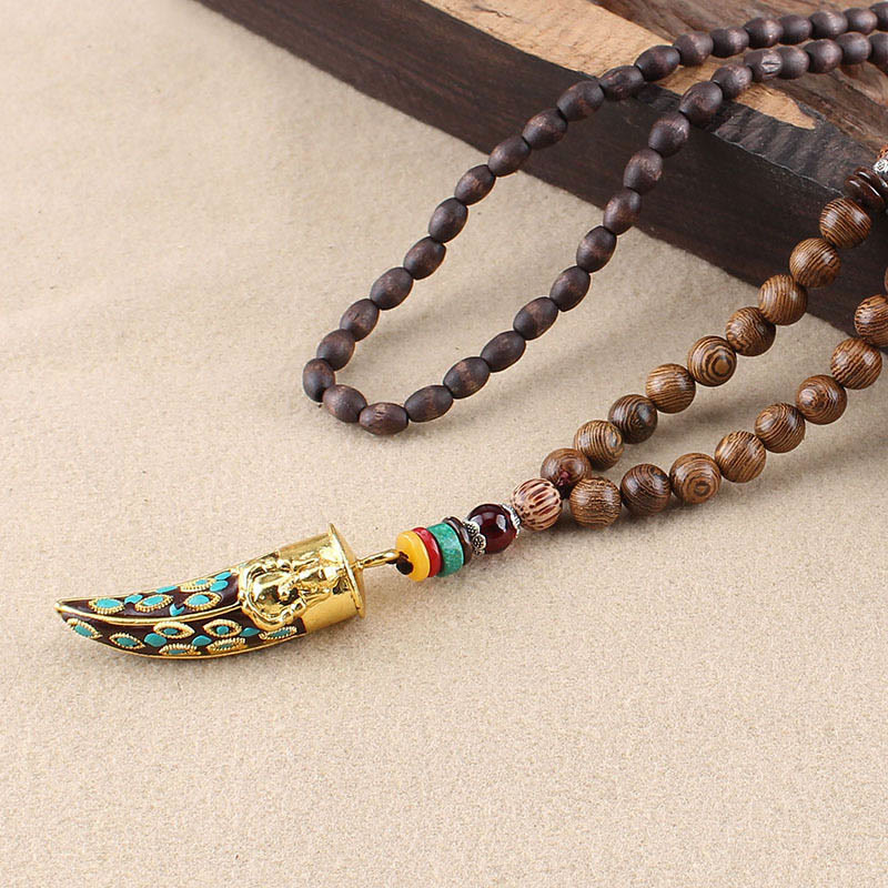 Mythstone Tibet Wenge Wood Om Mani Padme Hum OM Symbol Mantra Horn Pattern Protection Necklace Pendant